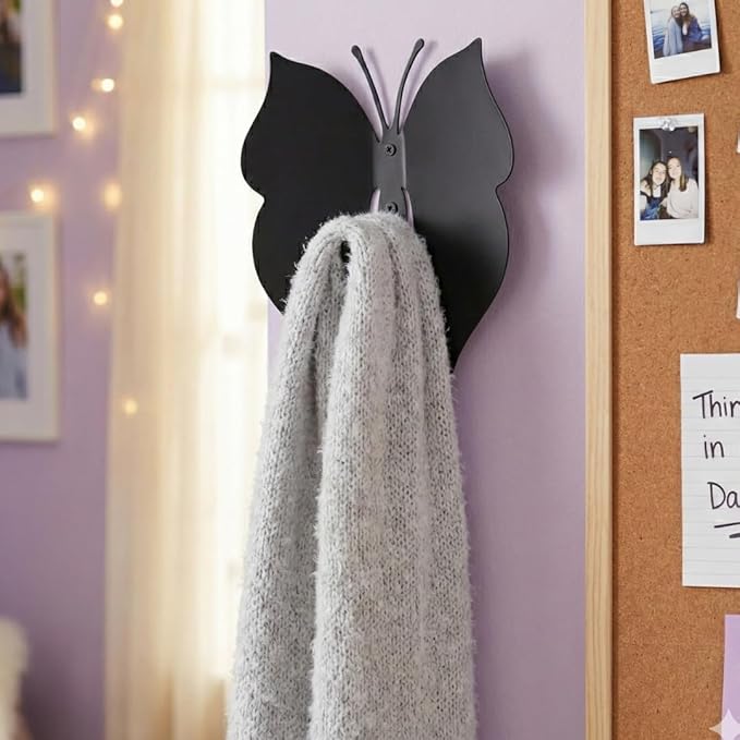 Black Metal Butterfly Wall Hook – Dimensional 3D Design with Angled Wings – Heavy-Duty Decorative Hanger for Nursery, Kids Room & Bathroom Towels