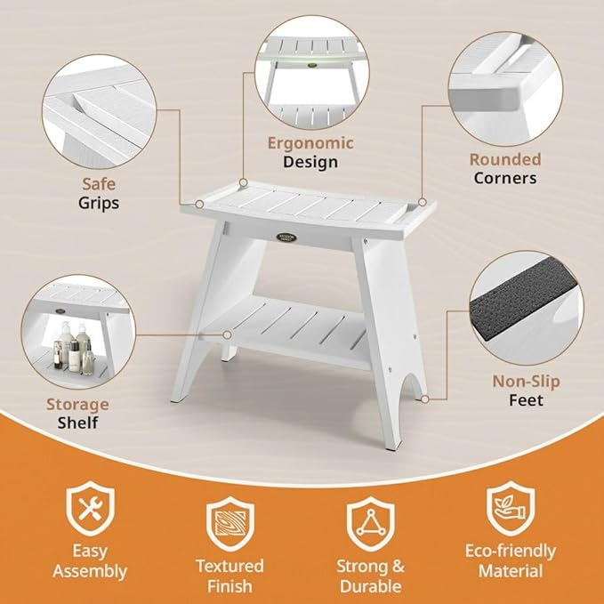 Shower Benches for Inside Shower to Sit On, Shower Stool for Shaving Legs, 500lbs Shower Chair With Space-Efficient Storage Shelf, Waterproof Shower Seat for Spa Bathroom, Indoor or Outdoor Use(White)