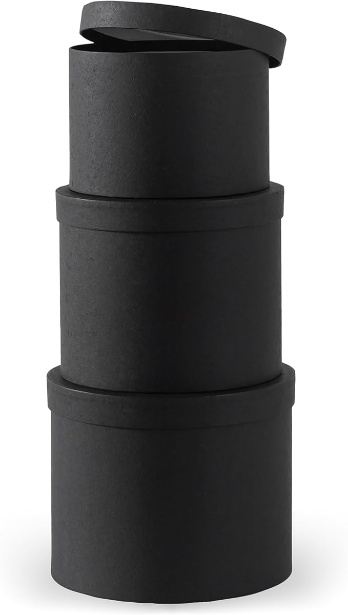 Soul & Lane Gift Boxes with Lids – Set of 3 Circular Boxes for Flowers, Bouquets & Arrangements, Black Cardboard Cylinder Gift Box Set for Roses, Décor and Special Presentations, Paper Mache Design