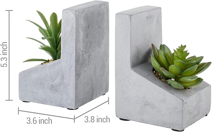 MyGift Decorative Bookends for Heavy Books, Book Ends with Planted Artificial Succulent Plants, Book Stands for Shelves Desktop, 1 Pair, L-Shaped Concrete