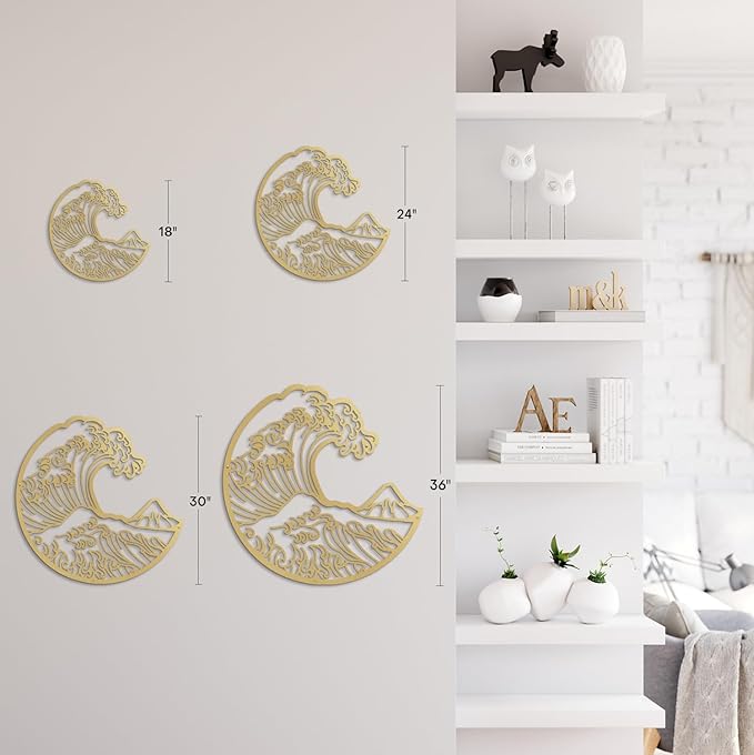 SIGNLEADER Metal Wall Art Decor The Great Wave Landscape Minimalist Modern Abstract Wall Sculpture Hangings Home Decoration for Living Room, Bedroom, Bathroom, Kitchen, Outdoor - 18" Gold