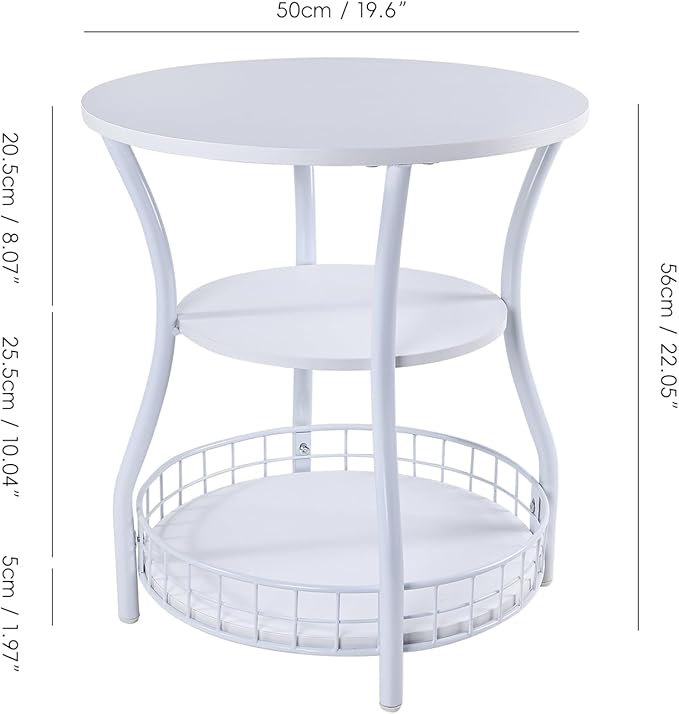 Round Side Table, 3-Tier End Table with Storage Shelf,White Accent Sofa Table for Small Spaces,Corner Round Coffee Table for Living Room, Bedroom,19.6 inch Diameter