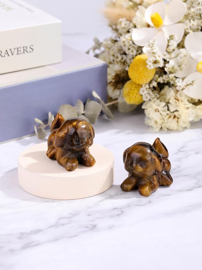 Jovivi Natural Tiger Eye Crystal Lying Dog Statue Home Decor Carved Mini Gemstone Puppy Dog Figurines Pocket Sculpture Reiki Healing Stones Decorative Ornament Gift