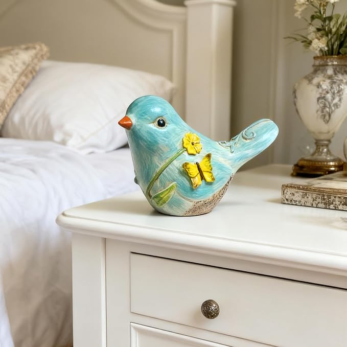 Blue Resin Bird Sculpture Home Decor, 4.3 Inch Cute Statues Decorative Objects for Room, Bedroom, Living Room,Office Desk, Book Shelf,Coffee Table,Entryway, Gifts for Bird Lovers
