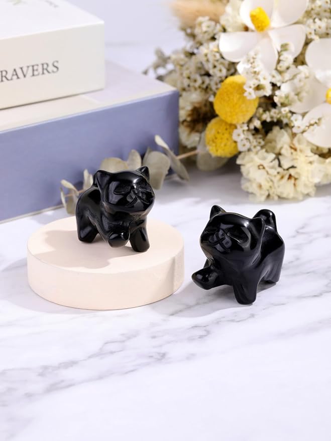 Jovivi Natural Black Obsidian Crystal Cat Statue Home Decor Carved Gemstone Cat Figurines Collectibles Pocket Sculpture Pet Memorial Decorative Ornament Gift for Cat Lovers