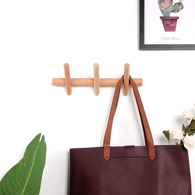 Wood Coat Hooks Wall Mounted Hat Rack Tower Hanger Wall Hooks Decorative Hanger with Pegs Entryway Bedroom Bathroom（Beech Wood，3 Hooks）