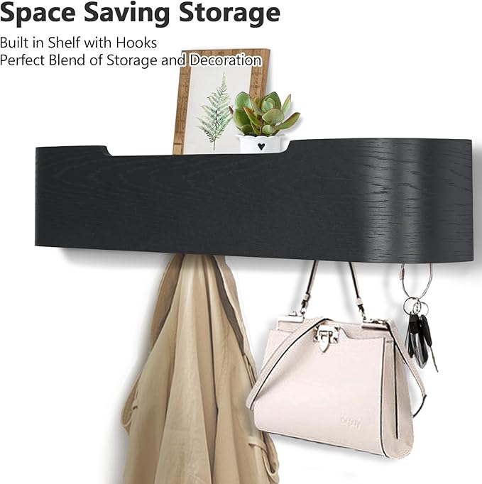 Coat Rack Wall Mount with Shelf 5 Hidden Hooks Modern Wooden Key Holder Entryway Organizer for Hallway Bedroom Bathroom Home Decor Storage for Hanging Coats Hats Bags Towels, Black