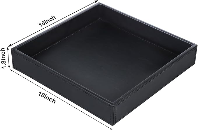 HofferRuffer Faux Leather Vanity Tray, Elegant Desktop Storage Organizer, Decorative Catchall for Perfume, Bathroom Valet, Nightstand or Dresser, 10 x 10 x 1.8 inches (Black)