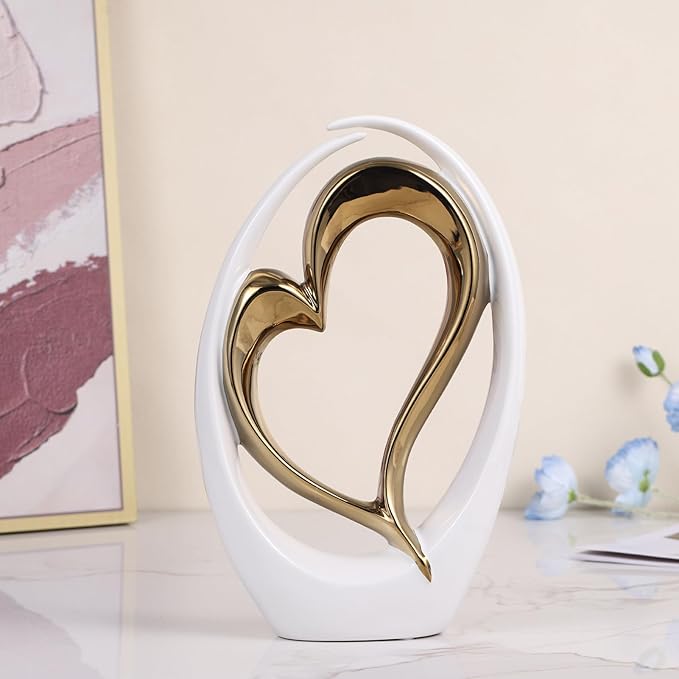 White and Gold Ceramic Statues, Abstract Heart Sculptures for Bedroom Decor, Wedding Decor, Decoraciones para Salas De Casa, for Her (D-White Gold)