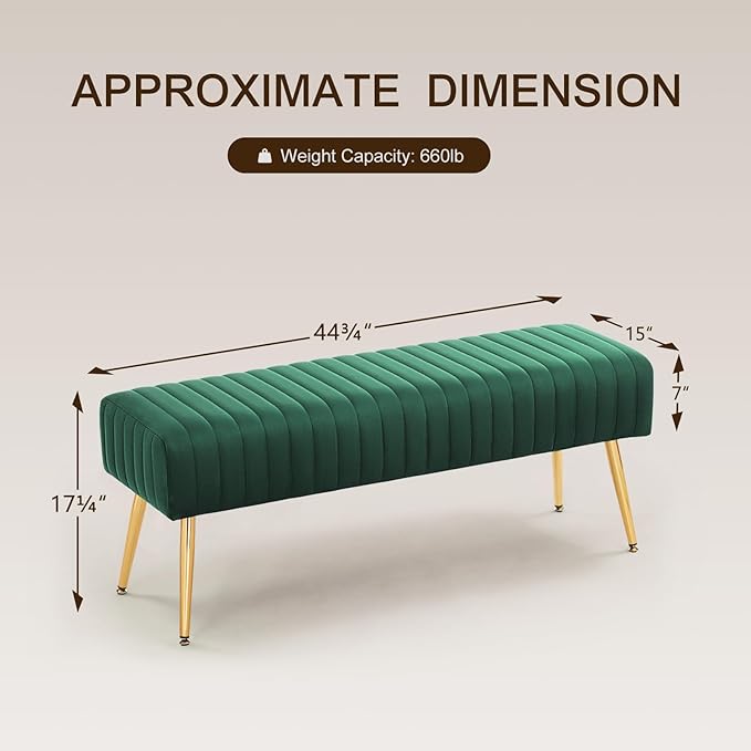 Furnimart 44 Inch Green Velvet Bench Ottoman Comfortable Footrest Stool Table Bench Dining Bench Tufting Bench Indoor Bench with Gold Legs for Living Room Bedroom Entryway (Velvet-Green)