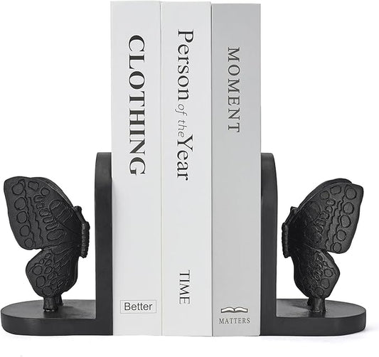 Black Butterfly Book Ends for Shelves, Butterflies Statue Decorative Bookends for Heavy Books, Resin Book Ends with Non-Slip Felt Base for Home Farmhouse Shelves Office Lover Gift