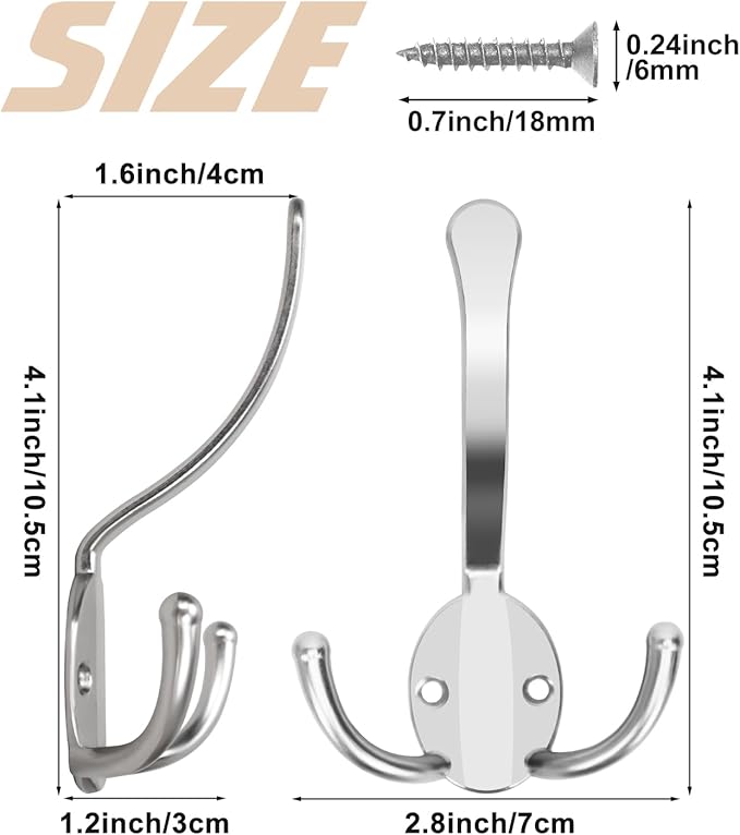 10 Pack Coat Hooks Heavy Duty, Metal Three Prongs Large Coat Hooks Wall Mounted with 20 Screws, No Rust Silver Rustic Wall Hooks for Hanging Towel, Coat, Scarf, Bag, Hat, Cup, Key
