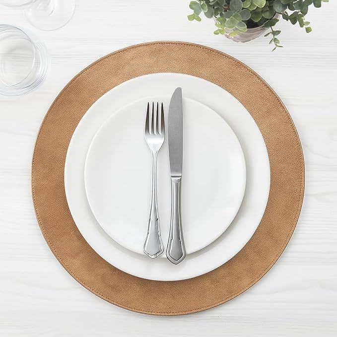 Morgan Faux Leather Round Set of 12 Placemats, 15", Camel, Heat Resistant, Stain Resistant, Non-Slip, Reversible, Durable Table Mats for Kitchen, Dining Table, Indoor Washable Use