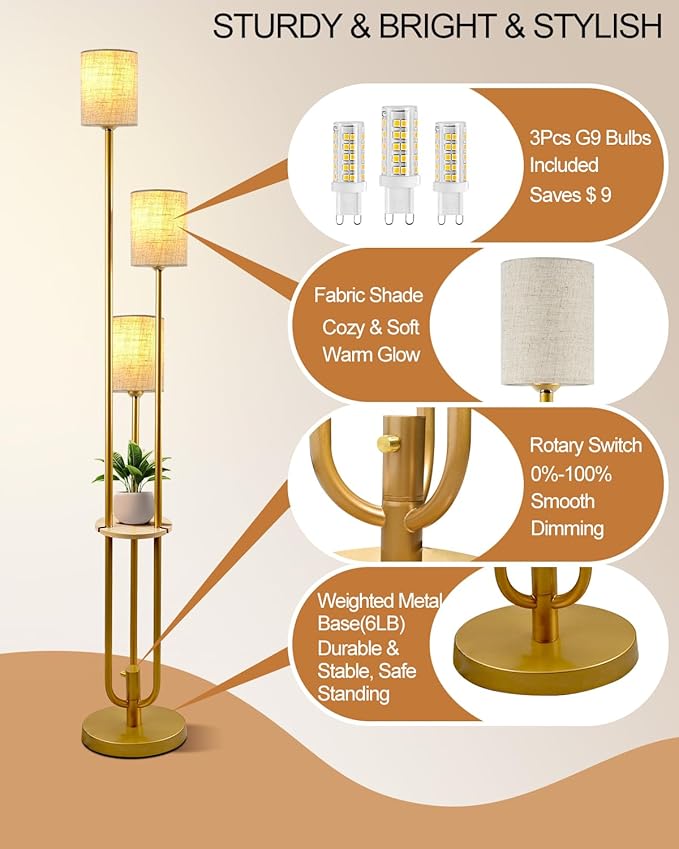 Lightdot 64Inch Floor Lamp with Table Dimmable Gold Floor Lamp for Living Room 3 Lights Candle Holder Style Mid Century Modern Tall Standing Lamp with Fabric Shade for Bedroom Corner(Bulbs Included)
