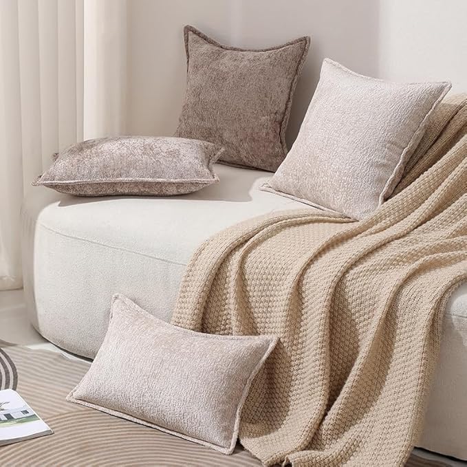 DEZENE Pack of 2 Tan Euro Shams Pillow Covers 26x26 Cozy Soft Chenille Decorative Throw Pillow Covers Accent Vintage Square Couch Pillow Covers for Home Decor Bed Sofa Living Room