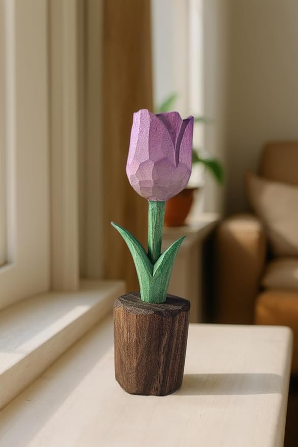 Handcrafted Wooden Tulip Figurine – Elegant Basswood Carved Sculpture, Unique Gift with Premium Gift Box, Ideal for Mother’s Day, Anniversary, Birthday, Home Office Décor (Purple)