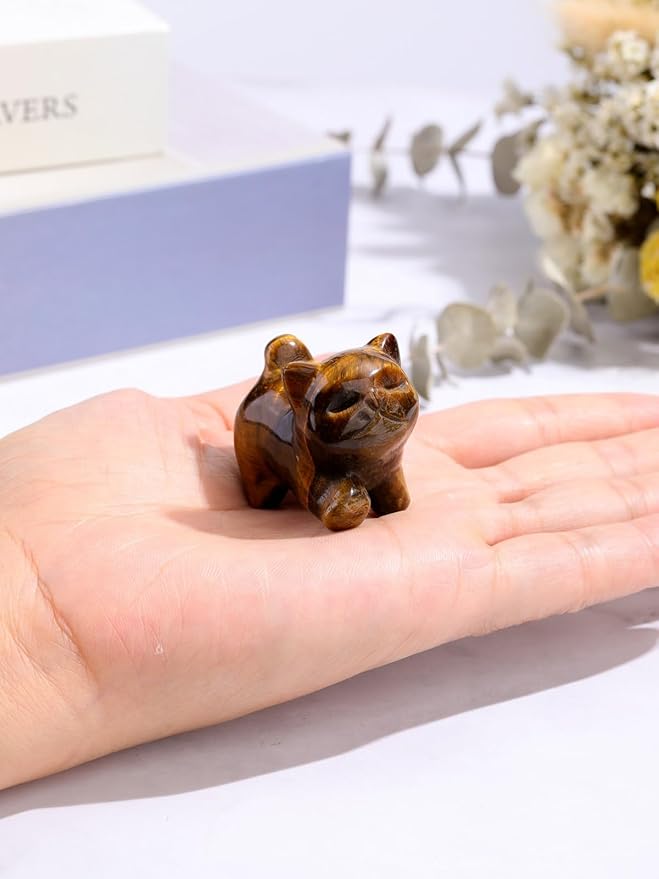 Jovivi Natural Tiger Eye Crystal Cat Statue Home Decor Carved Gemstone Cats Figurine Collectibles Pocket Sculpture Pet Memorial Decorative Ornament Gift for Cat Lovers