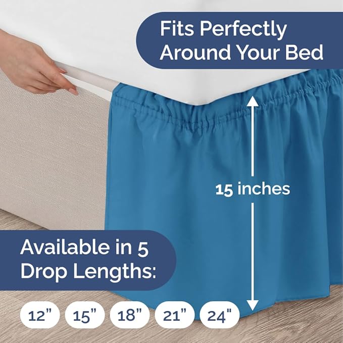 Wrap Around Dust Ruffle Bed Skirt - Denim Blue - for Full Size Beds with 15 Inch Drop - Elastic Strap - Adjustable Pleated Bedskirt with Brushed Fabric and Wrinkle Free - for Women, Men, Kids & Teens