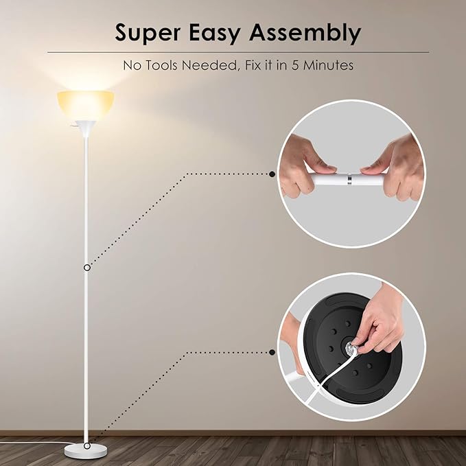 BoostArea Floor Lamp, 70.1” Tall Lamp, LED White Floor Lamp, E26 Base, Eye-Caring, Modern Torchiere Floor Lamps for Living Room, Bedroom, Office（Bulbs not Included