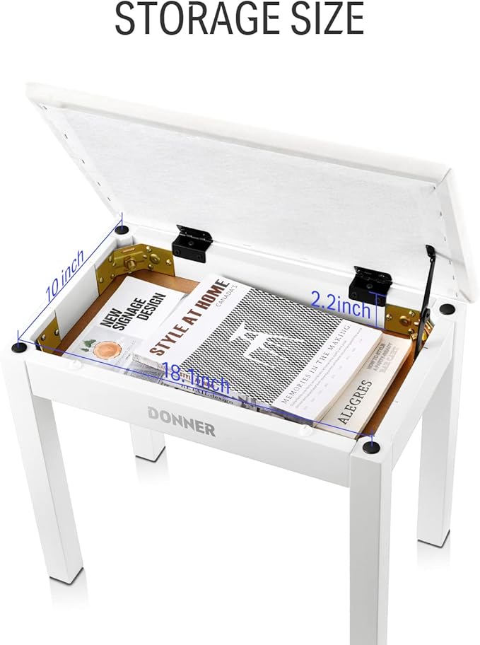 Donner Piano Bench with Storage, Solid Wood Keyboard Bench Piano Bookcase Stool Chair Seat with High-Density Suede Cushion, White