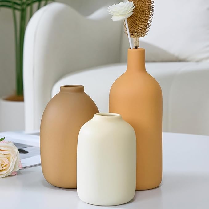 Ceramic Vase Set of 3,Neutral Modern Vases for Bouquet Pampas Grass Dried Fresh Flowers,Rustic Home Decor for Living Room,Bedroom Entryway(Beige)