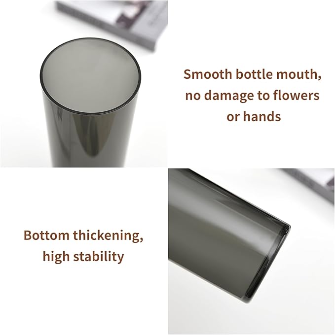 Flower Vase, Non-breakable Vases, 4" W x 16" H, Acrylic Grey Vase, Aesthetic Room Decor Cylindrical Modern Flower Vases for Table Centerpiece, Home Decor, Women Floral Arrangement Gift