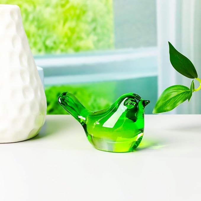 YWHL Handmade Crystal Green Bird Figurines, Animals Gifts for Birds Lovers Women Men, Art Glass Birds Collectible for Home Decor, Desk Table Home Office Decoration