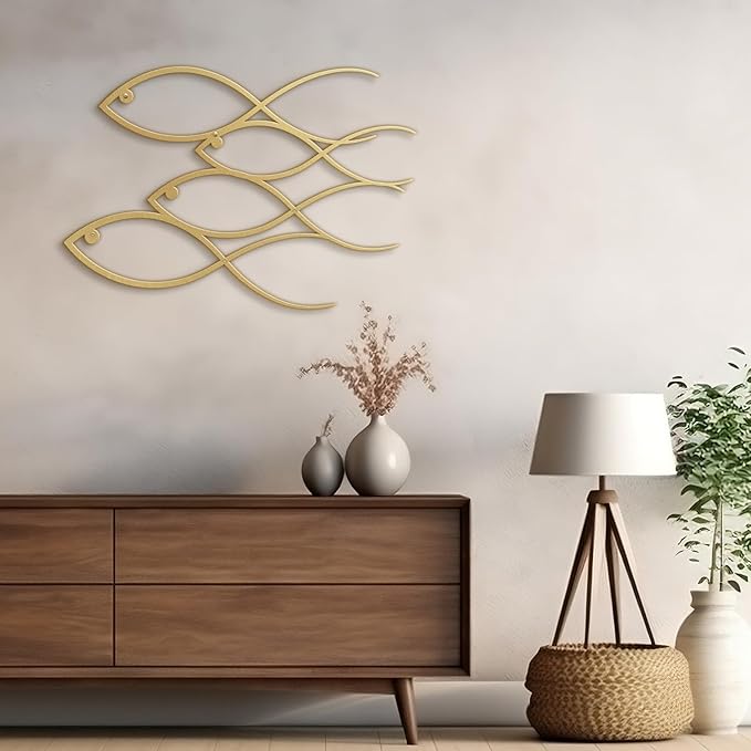 SIGNLEADER Metal Wall Art Decor Fish Minimalist Modern Abstract Wall Sculpture Hangings Home Decoration for Living Room, Bedroom, Bathroom, Kitchen, Outdoor - 18" Gold