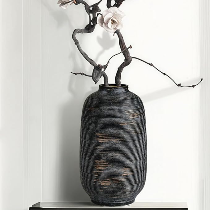 Black Ceramic Vase, Large Textured Rustic Farmhouse Decorative Vase for Centerpieces, 10.8" Black Bronze Flower Vase for Home Decor