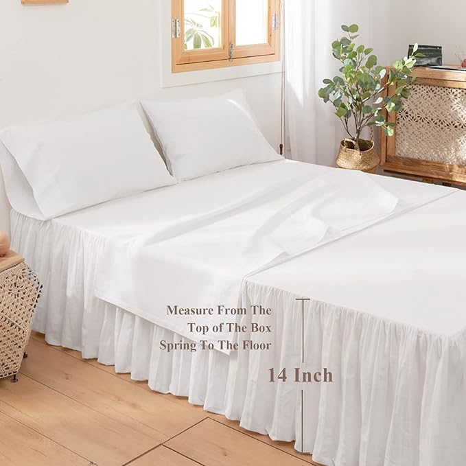 BISELINA French Linen Bed Skirt with Pleated Frills 14-Inch Tailored Drop Natural Flax Cotton Blend Dust Ruffle Soft Cozy Farmhouse Bedding (14" California King, Ruffle White)