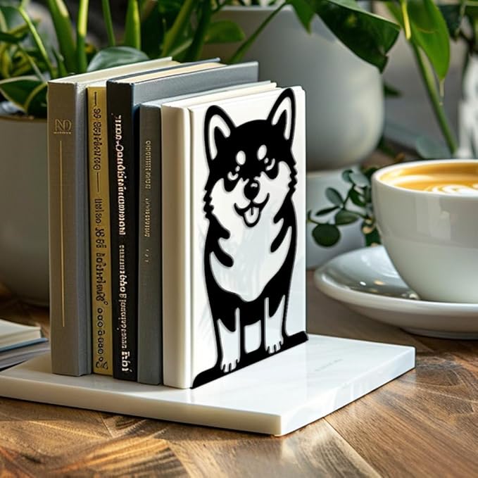 Peacoblue Metal Bookends for Shelves, Modern Decorative Heavy Duty Study Book Ends Stoppers for Office, Desk, Shelf, Room 5.3"x4.3"x7.9" Cast Iron Simple Tall Bookends 1 Pair (Cute Shiba Inu)