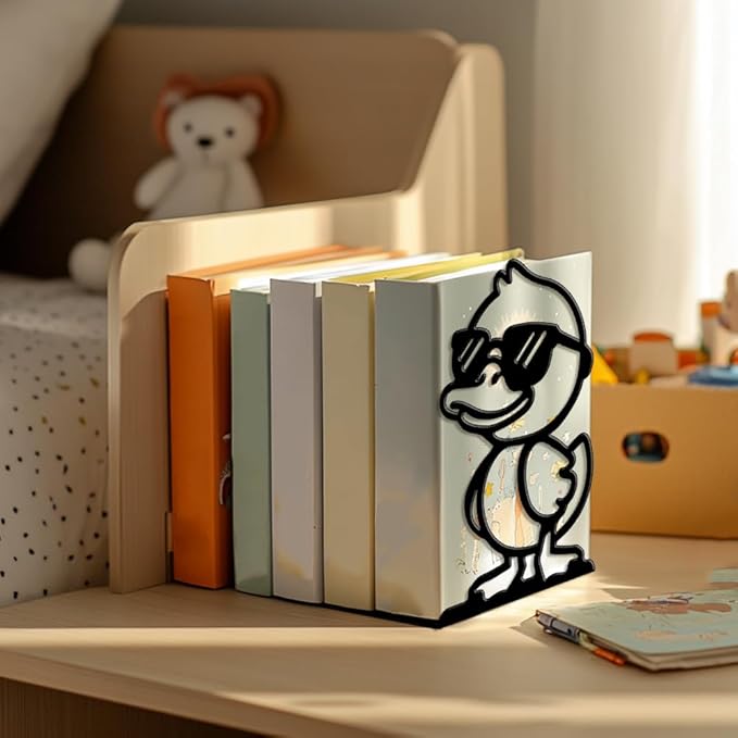 Peacoblue Metal Bookends for Shelves, Modern Decorative Heavy Duty Study Book Ends Stoppers for Office, Desk, Shelf, Room 5.3"x4.3"x7.9" Cast Iron Tall Bookends 1 Pair (Cute Duck with Sunglasses)