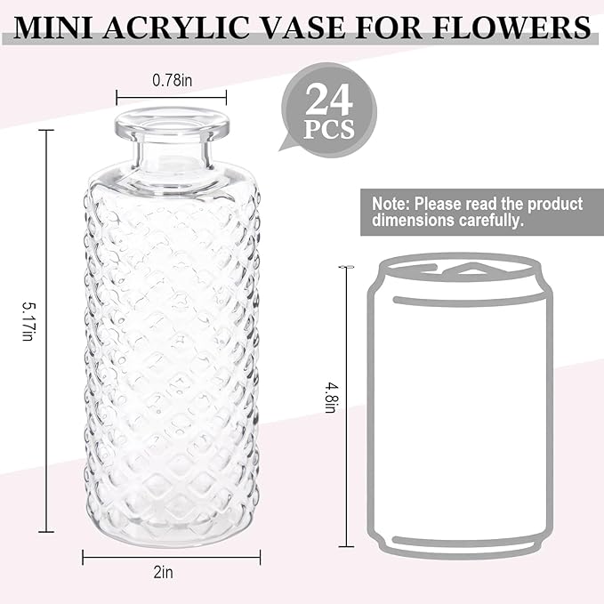 Honeydak Set of 24 Plastic Mini Bud Vases, Vintage Clear Decorative Vases Bulk for Table Centerpieces, Wedding Reception, Baby Shower, Home Decor, Housewarming Gift(Micro-Diamond)