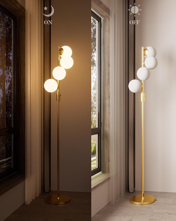 Lightdot 64IN Dimmable (Brightness Adjustable) Globe Floor Lamp, Modern Gold Standing Lamps with 4PCS 3000K G9 Bulbs Soft Warm White Eye Care, Mid Century Floor Lamp for Living Room Bedroom