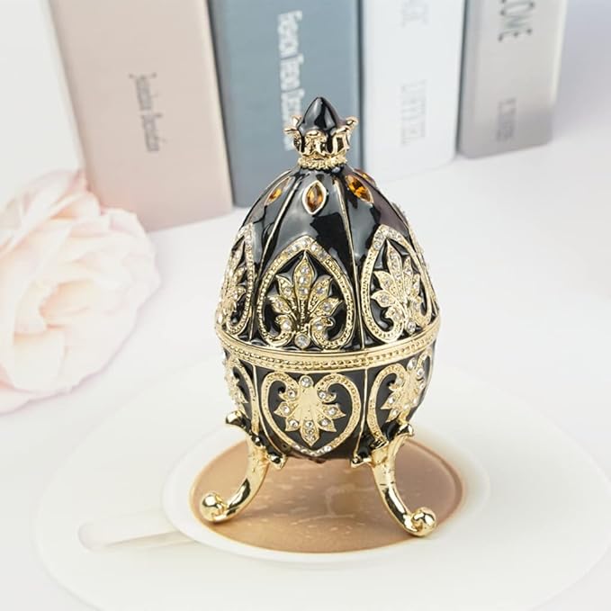 Trinket Box with Hinged Black Easter Egg Enameled Jewelry Box Classic Ornaments Metal Craft Gift for Home Decor