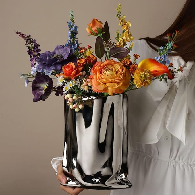 Silver Vase, Paper Bag Modern Minimalist Metallic Luster Ceramic Flower Vase for Home Decor, Table, Living Room Decoration, Shelf Decor, Mantel (Silver-Large)