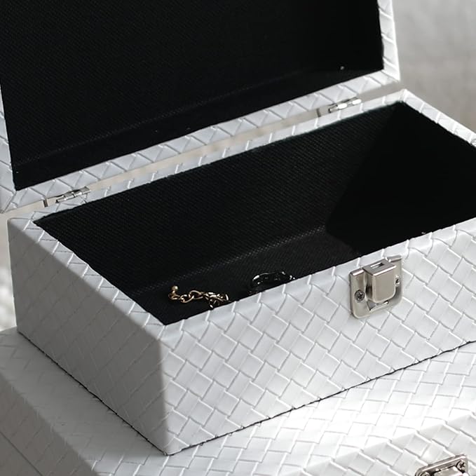 Faux Leather Decorative Jewelry Storage Organizer Boxes Set of 2, White