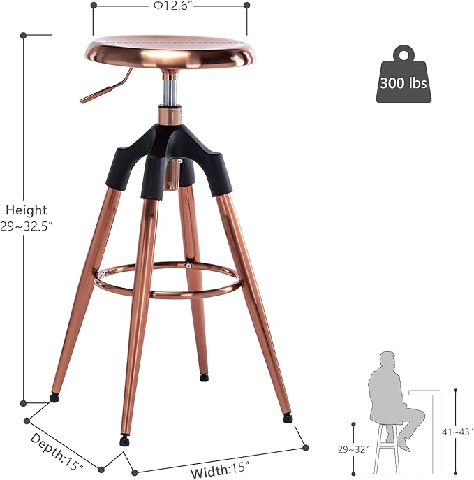 Adjustable Backless Swivel Bar Stools,Counter Height Round Metal Bar Chair, Kitchen Dining Chairs,Rose Gold