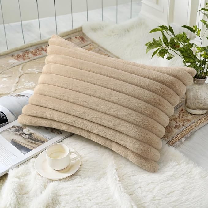 decorUhome Faux Fur Spring Throw Pillow Covers 12x20 Set of 2, Decorative Soft Plush Striped Lumbar Neutral Couch Pillow Covers with Velvet Back for Sofa, Bed, Living Room Home, Khaki Brown