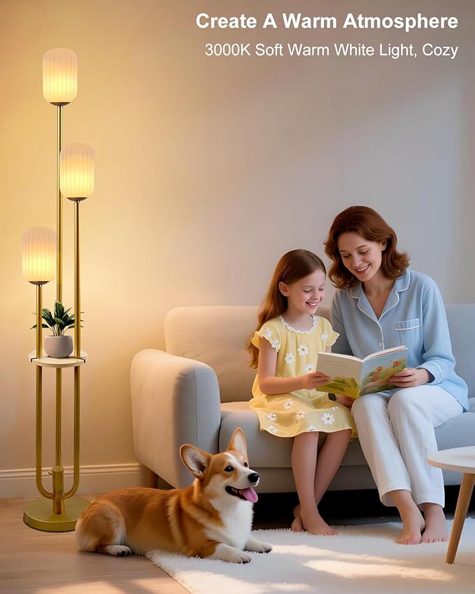 Lightdot Dimmable Floor Lamp with Shelf, Modern Gold Tall Floor Lamps with Oval Striped Lampshade for Wedding/Party, 3000K Soft Warm White 3-Lights Standing Lamp for Living Room/Bedroom