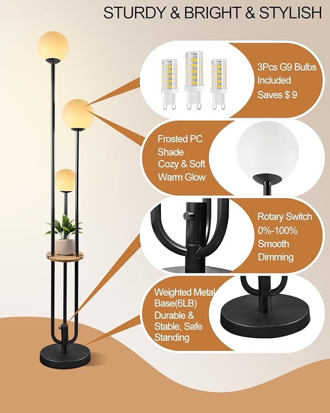 ACOHOOK 63IN Dimmable Floor Lamp with Shelf, Unique Globe Black Tall Standing Lamps Candle Holder Style, 3000K Warmwhite Mid Century Modern Floor Lamp for Living Room Home Office(Bulbs Included)
