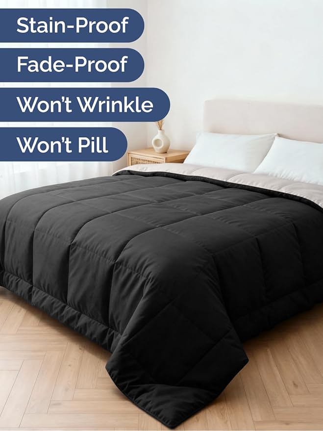 King Size, Black & Light Grey Reversible Alternative Down Comforter - Warm Lightweight Breathable Hotel Quality Bedding Set - All Season Fluffy Cozy Oversized Cooling Microfiber Duvet Insert Comforter