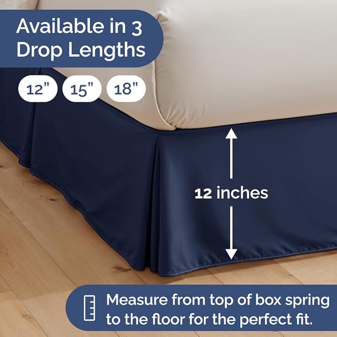 Pleated Bed Skirt Queen Size - 3 Sided Pleated Bed Skirt Queen - Ultra-Soft, Easy Fit with 12 Inch Tailored Drop - Hotel Quality, Wrinkle Free & Fade Resistant - for Women, Men, Kids & Teens - Navy