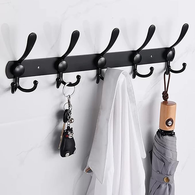 Coat Rack Wall Mounted,5 Tri Stainless Steel Coat Hook for Coat Hat Robes Towel in Mudroom Entryway (Black, 1 Pack 5 Hook)