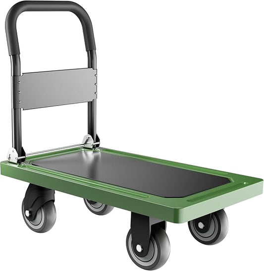 Upgraded Foldable Push Cart Dolly | 560 lbs. Capacity Moving Platform Hand Truck | Heavy Duty Space Saving Collapsible | Swivel Push Handle Flat Bed Wagon - Green