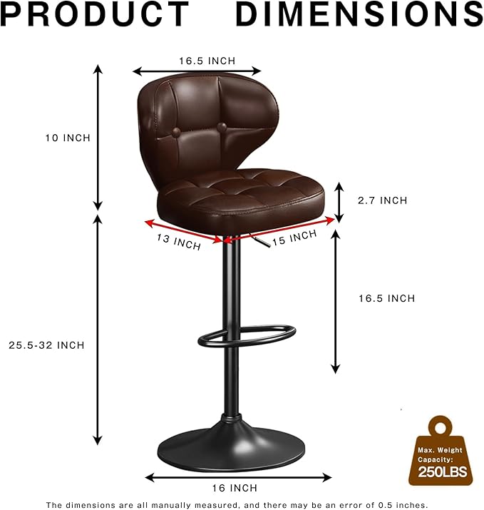 Bar Stools Set of 2,Adjustable Swivel Barstools, Modern PU Leather Upholstered Bar Chair with Back and Footrest,for Bar, Kitchen, Dining Room Brown-2