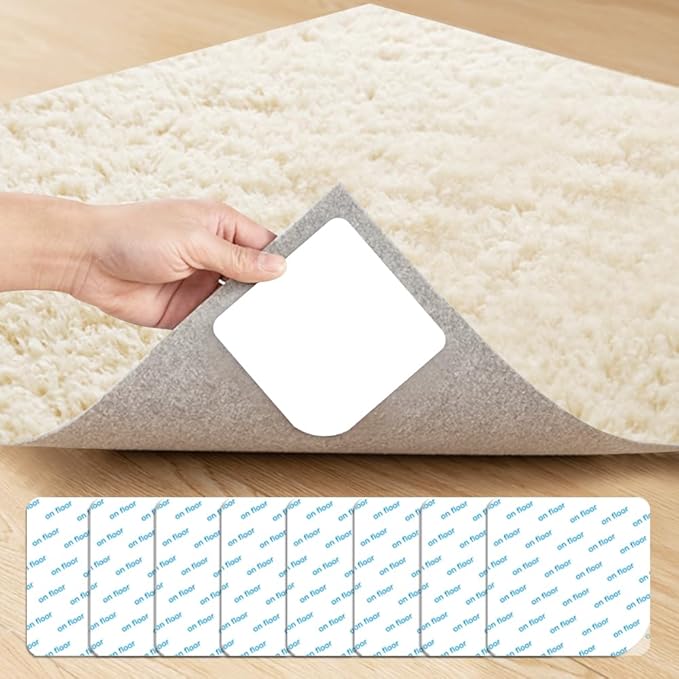 ZC GEL 8 Pcs Rug Tape, Reusable Carpet Tape for Area Rugs，Non Slip Rug Pads Grippers for Hardwood Floors and Tiles, Double-Sided Adhesive Rug Stickers Keep Corners Flat, No Damage to Floor