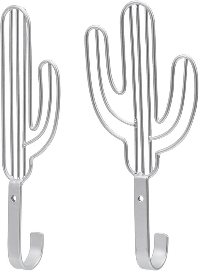 MyGift Wall Mounted Modern Silver Tone Metal Coat Hooks with Wire Saguaro Cactus Matching Shapes for Hanging Hats Coats Towels Leashes Keys, 2 Piece Set