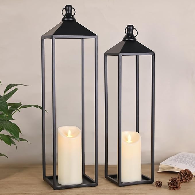 22'' 19'' Large Lanterns Decorative Outdoor Indoor, Set of 2 Black Metal Candle Lanterns Christmas Lanterns Modern Farmhouse Floor Lanterns Decorative for Home Decor, Mantle, Patio, Porch, Garden