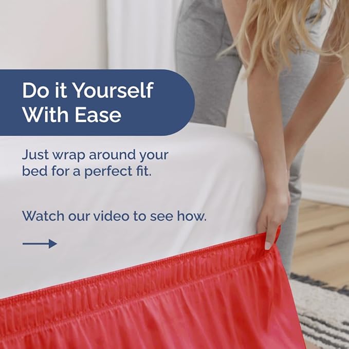 Wrap Around Dust Ruffle Bed Skirt - Red - for Queen Size Beds with 24 Inch Drop - Easy Fit Elastic Strap - Adjustable Pleated Bedskirt w/Brushed Fabric - Wrinkle Free - for Women, Men, Kids & Teens